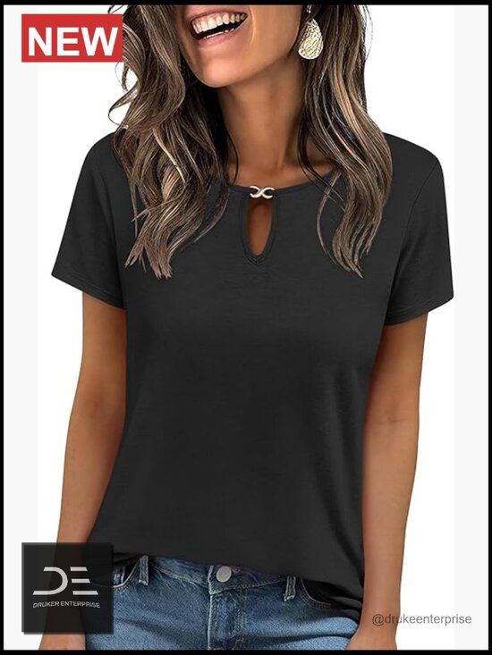 Tops - Keyhole Neck Short Sleeve T-Shirt with Regular Fit